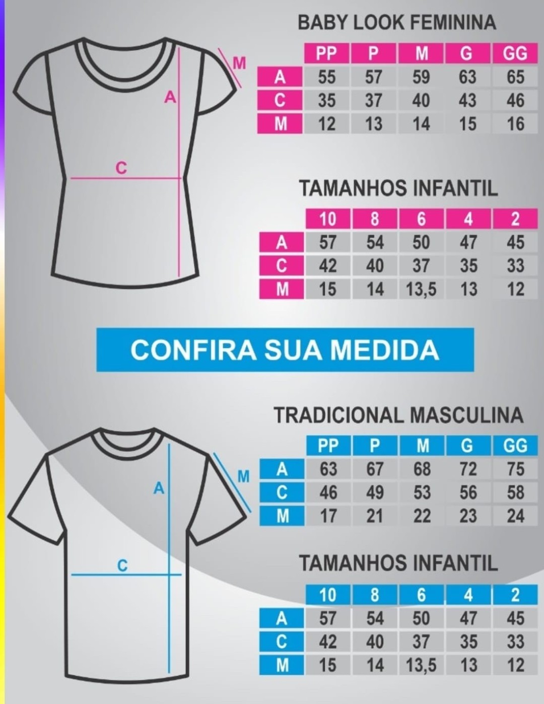 Tamanhos das camisetas